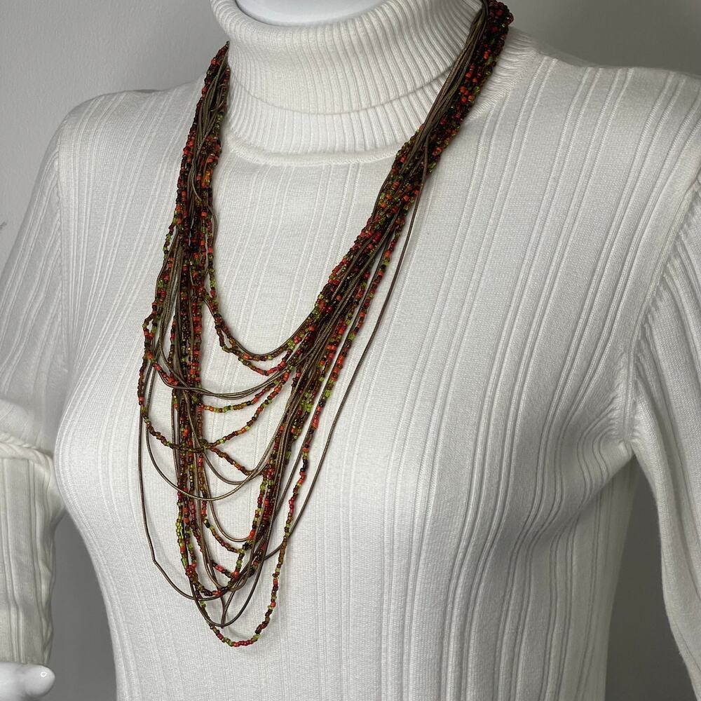 Chico's necklace signed costume jewelry multi strand green gold tone boho